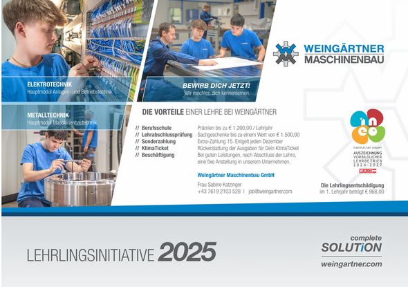 [Translate to German:] This image shows the official job advertisement for 2025 for our apprenticeship initiative. It lists the advantages of an apprenticeship at Weingärtner and indicates the 2 main modules, namely electrical engineering and metal technology.